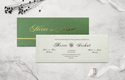 Gelin Damat Yeşil - Beyaz Desenli Düğün Davetiye - GD1243C - Gelin Damat Davetiye