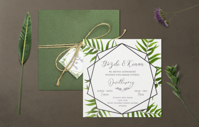 Yeşil Yaprak Desenli Davetiye - GD1249C - Gelin Damat Davetiye