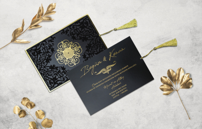 Özel Püskül Siyah Desenli Davetiye - GD1211C - Gelin Damat Davetiye