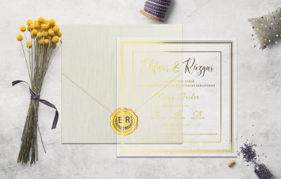 Şeffaf Beyaz Desenli Yaldız Davetiye - GD1259C - Gelin Damat Davetiye