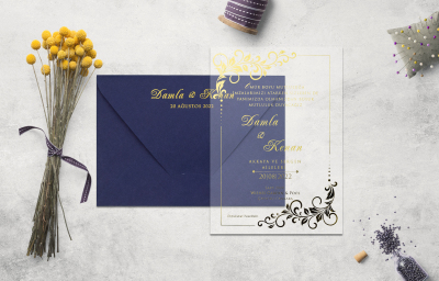 Özel Şeffaf Desenli Yaldız Davetiye - GD1227C - Gelin Damat Davetiye