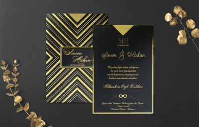 Özel Siyah Baskılı Desenli Davetiye - GD1214C - Gelin Damat Davetiye