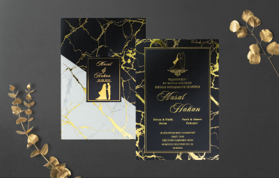 Özel Siyah Beyaz Desenli Yaldız Davetiye - GD1221C - Gelin Damat Davetiye