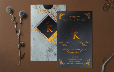 Özel Siyah Beyaz Desenli Yaldız Davetiye - GD1232C - Gelin Damat Davetiye