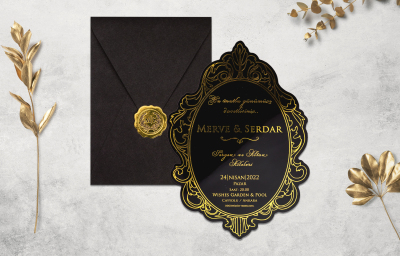 Özel Siyah Desenli Yaldız Davetiye - GD1228C - Gelin Damat Davetiye