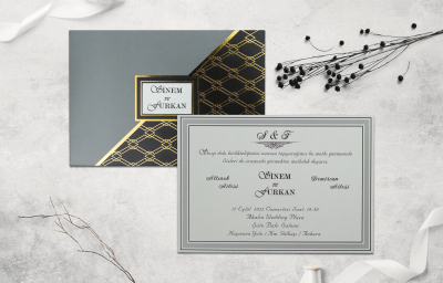 Siyah - Gri Desenli Davetiye - GD1256C - Gelin Damat Davetiye