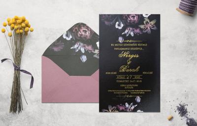 Özel Siyah Mor Desenli Ofset Davetiye - GD1231C - Gelin Damat Davetiye