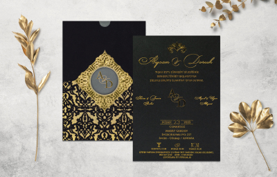 Özel Siyah Yaldız Desenli Davetiye - GD1210C - Gelin Damat Davetiye