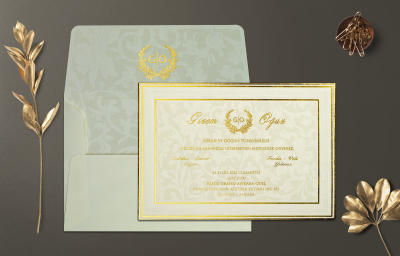 Özel Yaldız Desenli Beyaz - Sarı Desenli Davetiye - GD1252C - Gelin Damat Davetiye