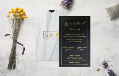 Özel Yaldız Desenli Siyah - Beyaz Desenli Düğün Davetiyesi - GD1251C - Gelin Damat Davetiye