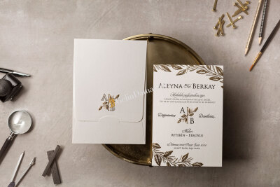 Özel Yaprak Desenli Modern Davetiye - GD8408 - Gelin Damat