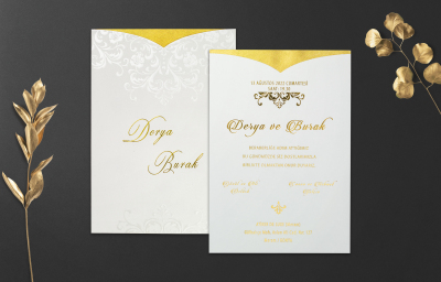 Özel Zarif Beyaz Desenli Yaldız Davetiye - GD1236C - Gelin Damat Davetiye