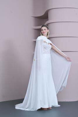 Pelerinli Beyaz Dantel ve Tül Gelinlik 2025 - Gelin Damat