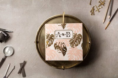 Pembe - Sarı Yaprak Desenli Özel Davetiye - GD8418 - Gelin Damat