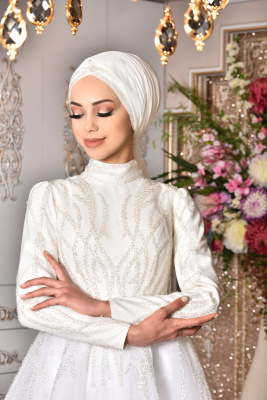 Petek Beyaz Tesettür Abiye - GELİN DAMAT