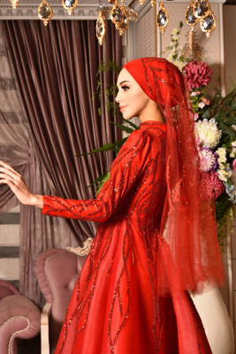 Petek Kırmızı Tesettür Abiye - GELİN DAMAT