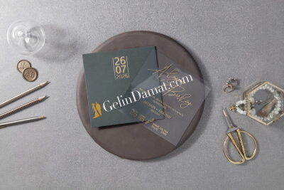 Şeffaf Altın Detaylı Yeşil Davetiye - GD7155 - Gelin Damat