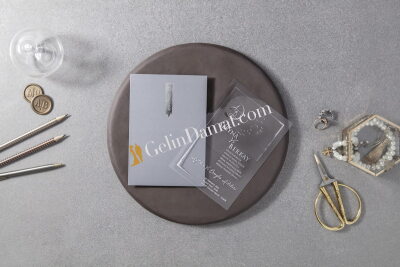 Şeffaf Detaylı Modern Beyaz Davetiye - GD7156 - Gelin Damat