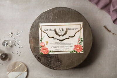 Şeffaf Zarflı Çiçekli Modern Davetiye - GD8431 - Gelin Damat