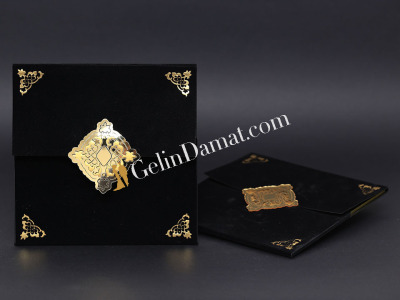 Siyah Kadife Desenli Modern Davetiye - GD2014 - Gelin Damat