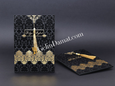 Siyah Kadife Desenli Püsküllü Davetiye - GD2004 - Gelin Damat