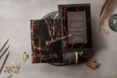 Siyah Özel Desenli Modern Davetiye - GD8397 - Gelin Damat
