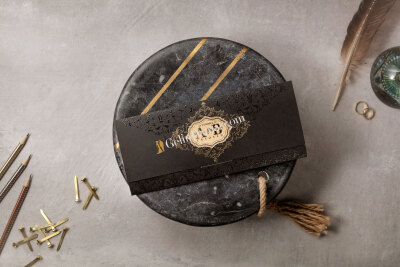 Siyah Yaldızlı Özel İşlemeli Davetiye - GD8400 - Gelin Damat