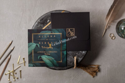 Siyah - Yeşil Modern Yaprak Desenli Davetiye - GD8406 - Gelin Damat