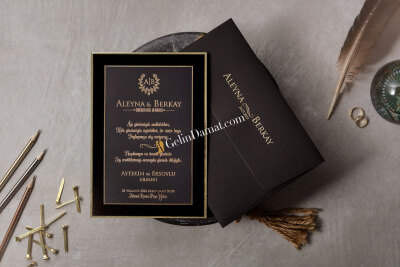 Siyah Zarif Yaldızlı Modern Davetiye - GD8419 - Gelin Damat