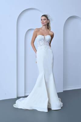 Straplez Balık Desenli Dantel Model Gelinlik - 1022 - Gelin Damat