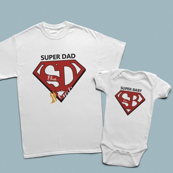 Super dad super baby logo baskılı isme özel baba çocuk tshirt - 1