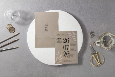 Tarih Detaylı Modern Davetiye - GD7098 - Gelin Damat