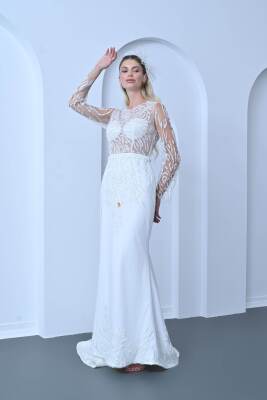 Transparan Uzun Kol Dantelli Gelinlik - 1023 - Gelin Damat