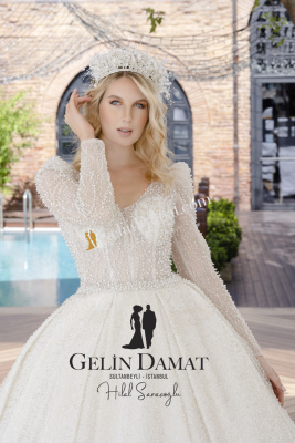 Uzun Kollu Taşlı Prenses Gelinlik - 