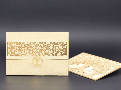 Yaldızlı Modern Ağaç Kesimli Davetiye - GD2017 - Gelin Damat