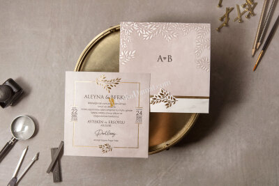 Yaldızlı Yaprak Desenli Modern Davetiye - GD8394 - Gelin Damat