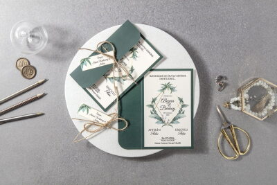 Yaprak Desenli Yandan Katlamalı Lüks Davetiye - GD7002 - Gelin Damat