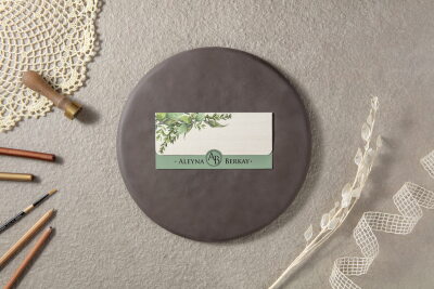 Yaprak Desenli Yeşil Modern Davetiye - GD7048 - Gelin Damat