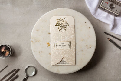 Yaprak Detay Desenli Modern Davetiye - GD8417 - Gelin Damat