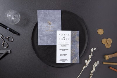 Yaprak Detaylı Mermer Desenli Davetiye - GD7092 - Gelin Damat