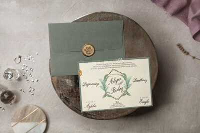 Yeşil Özel Zarflı Düğün Davetiyesi - GD8381 - Gelin Damat