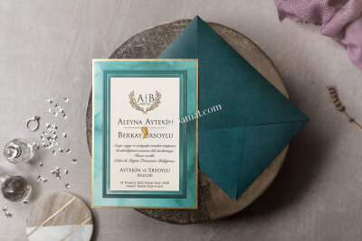 Yeşil Yaldız Desenli Yaprak Detaylı Davetiye - GD8443 - Gelin Damat