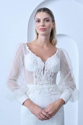 Zarif Balon Kol Desenli Dekolteli Gelinlik -1014 - Gelin Damat